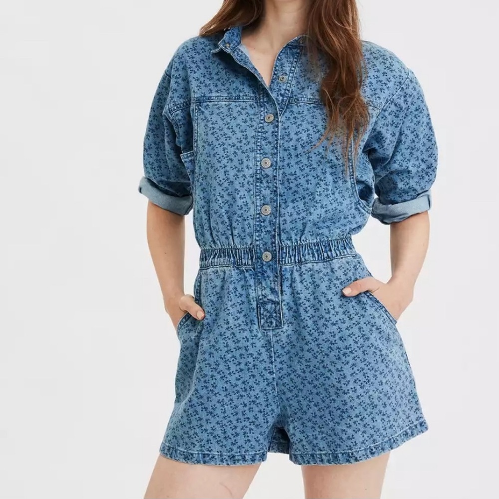 American Eagle Printed Denim Short Coveralls L